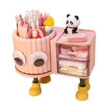 (Pink) 2 in 1 Rotating Pen Holder - with Drawer - for Kids Girls Desktop Organizer