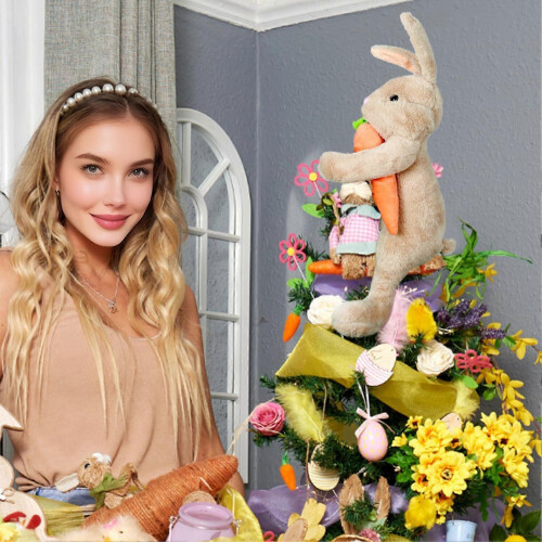 (Light Brown) Plush Standing Rabbit Ornament – with Carrot – for Easter Tree Topper 2