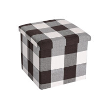 (Black Check) Faux Leather Folding Storage Box Ottoman Seat Stool Storage Boxes Home Footstool Organiser Pack With Lid Bedro