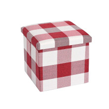 (Red Check) Faux Leather Folding Storage Box Ottoman Seat Stool Storage Boxes Home Footstool Organiser Pack With Lid Bedro