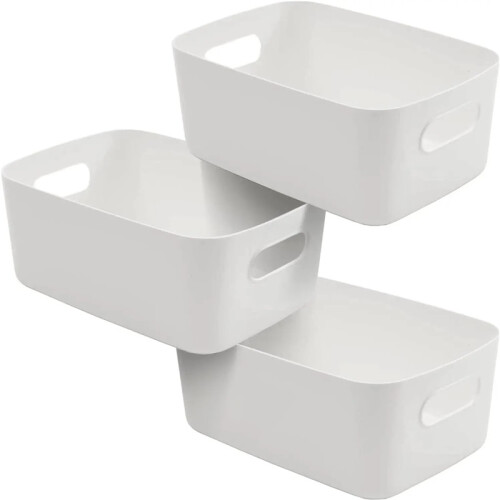 (3 Pack - White) Tanness Storage Boxes | Storage Boxes With Handle | Rectangular Plastic Storage Baskets | Stylish Cupboard Org