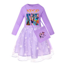 (Purple Star, 110cm) Demon Hunters Kpop Girls Cotton Sleeve Pleated Dress Summer Active Children