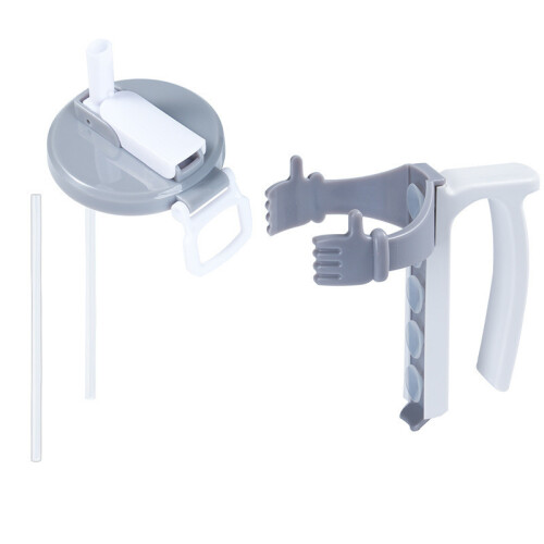 (Gray White Set) Cover Plastic Can And Holder With Integrated Straw Access For Drinking Convenient