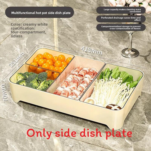 (Beige) Multisection Plastic Food Storage Tray For Hot Pot And Meal Storage Prep