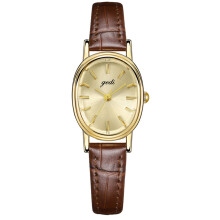 (Brown Gold) Ladies Oval Minimalist Watch With Leather Band Quartz Wear Decorative Design