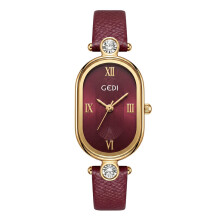 (Gold Red) Quartz Luxury Light Watch For Women With Leather Strap Resistance And Water