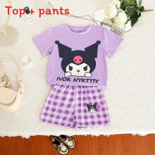 (Purple,110cm)Summer Baby Hello Kitty Melody Cinnamoroll Kuromi Cartoon Suit Tshirt Checked Shorts Casual Set