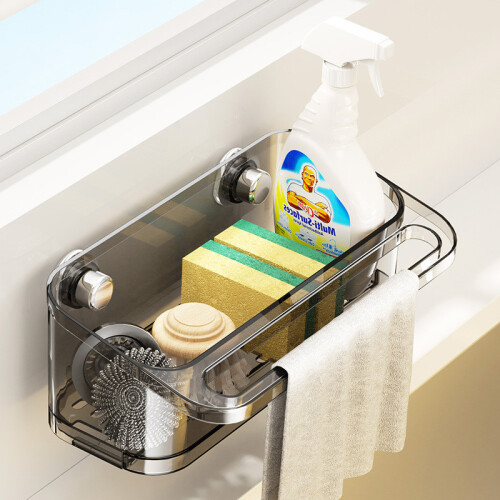 (Gray)Minimalist Wall Mount Kitchen Shelf With Suction Cups For Dishwashing Storage Accessories 1