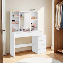 Makeup Desk - MDF - Cloud White - Modern Design with Adjustable LED Lights, Drawers, and Shelves