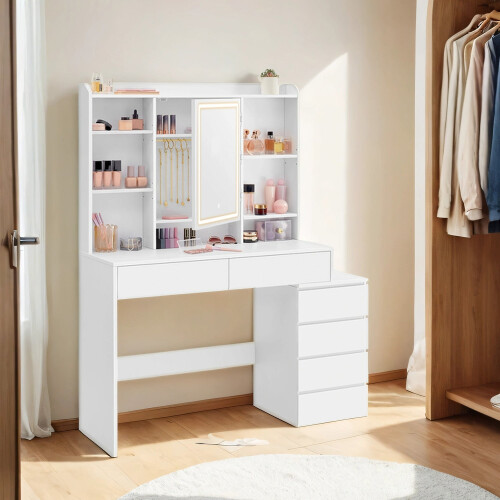 Makeup Desk - MDF - Cloud White - Modern Design with Adjustable LED Lights, Drawers, and Shelves