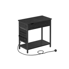 Narrow Nightstand - Wood and Metal - Rustic Brown and Black - Integrated Charging Station with USB Ports and Storage Bags