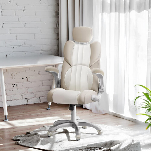 Gaming Chair - PU - White - Ergonomic Design with Adjustable Headrest and Foldable Armrests 1