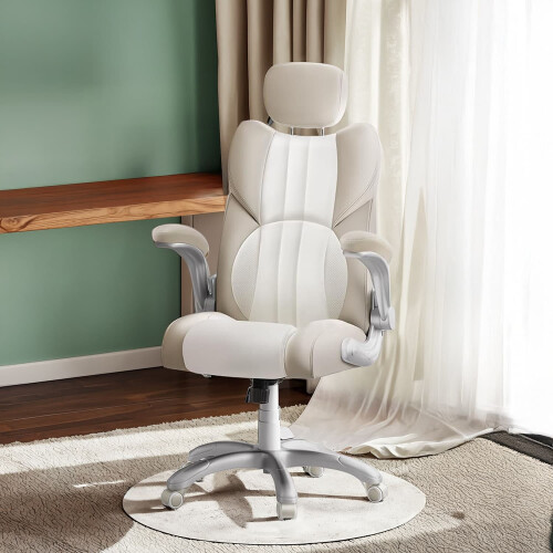 Gaming Chair - PU - White - Ergonomic Design with Adjustable Headrest and Foldable Armrests 2