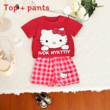 (Red,100cm)Summer Baby Hello Kitty Melody Cinnamoroll Kuromi Cartoon Suit Tshirt Checked Shorts Set Casual