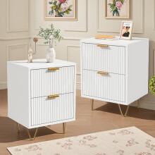 (White Carcass and White Drawers, 2 pcs) Bedside Tables with 2 Drawers, Side Tables with Gold Legs