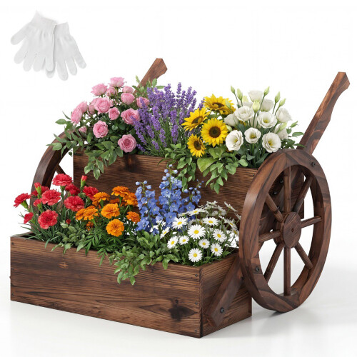 2-Tier Wagon Planter With Wheels, Fir Wood, Brown 1