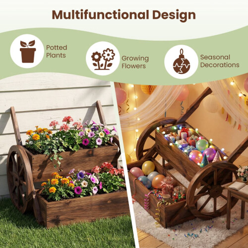 2-Tier Wagon Planter With Wheels, Fir Wood, Brown 2