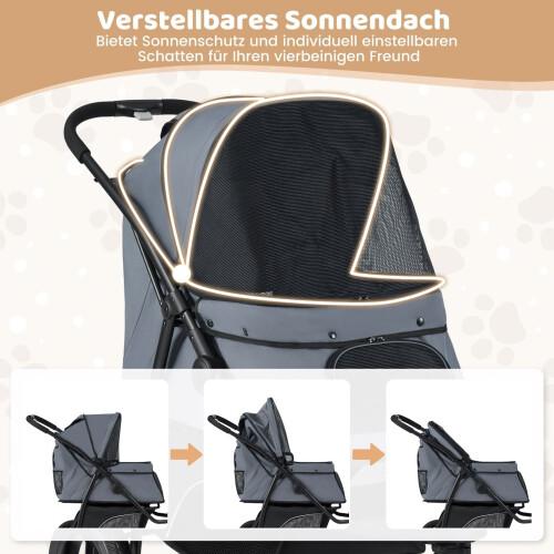 Foldable Pet Stroller, 3-Wheel, Adjustable Canopy, 25kg Capacity