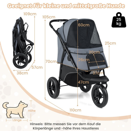 Foldable Pet Stroller, 3-Wheel, Adjustable Canopy, 25kg Capacity 1