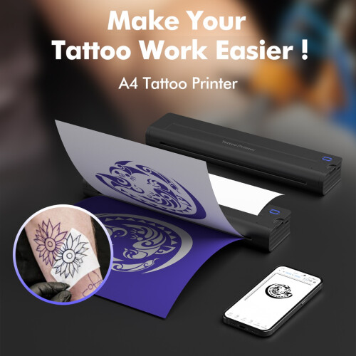 A46 Tattoo-Schablonen-Drucker – Bluetooth Thermodrucker, Schwarz, kompakt, kompatibel mit Android, iOS und Windows 2
