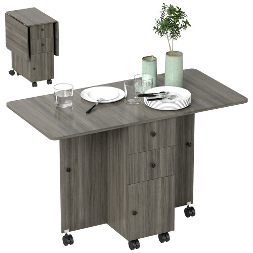 Folding Dining Table for 4-6 Drop Leaf Table on Wheels W/ Drawers