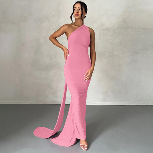 Solid Backless Pleated Fitted Sleeveless Dress,Pink,XL
