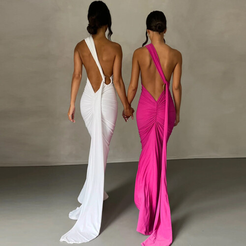 Solid Backless Pleated Fitted Sleeveless Dress,Black,XL 1