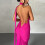 Solid Backless Pleated Fitted Sleeveless Dress,Pink,S 4