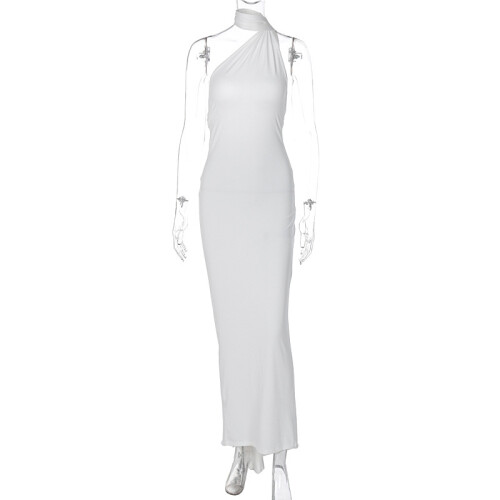 Solid Backless Pleated Fitted Sleeveless Dress,White,L