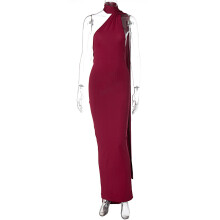 Solid Backless Pleated Fitted Sleeveless Dress,Burgundy,XS