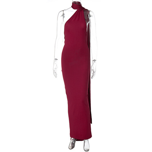 Solid Backless Pleated Fitted Sleeveless Dress,Burgundy,S