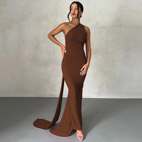 Solid Backless Pleated Fitted Sleeveless Dress,Brown,2XS