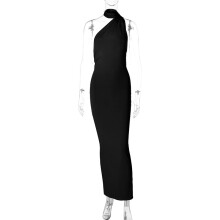 Solid Backless Pleated Fitted Sleeveless Dress,Black,M