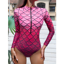 Women's Long Sleeve Surfing One-Piece Swimsuit,Rose Red,XL