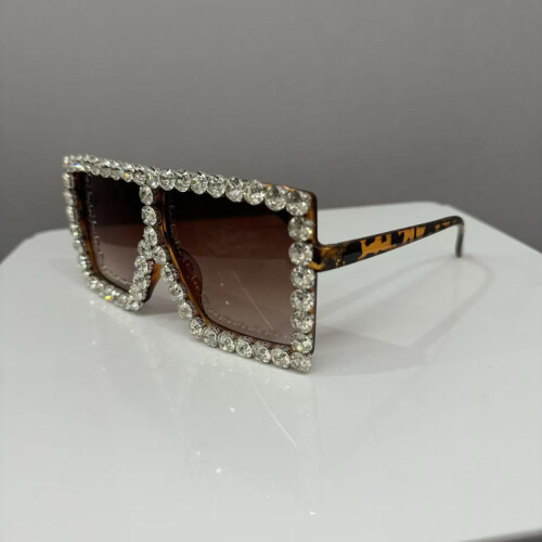Oversized Square Sunglasses,Leopard Frame,White Crystal Lens