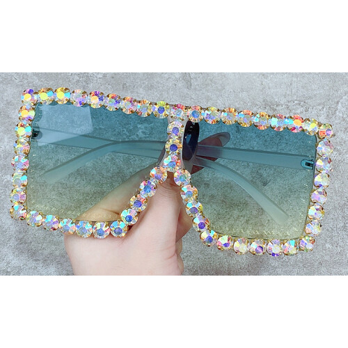 Oversized Square Sunglasses,Rainbow Sand White Yellow Green Frame,Crystal Lens