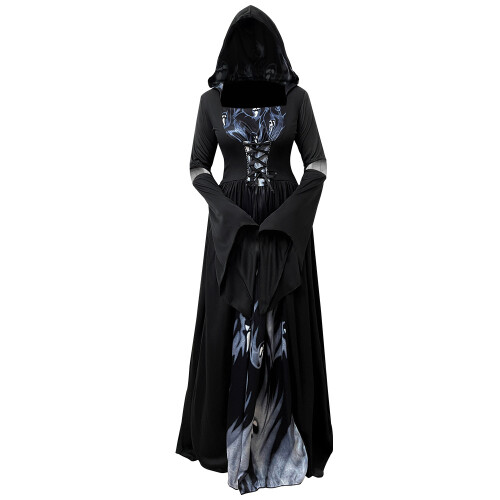 Robe longue noire à capuche 8119, taille L