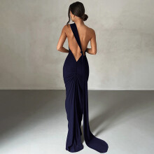 Solid Backless Pleated Fitted Sleeveless Dress,Navy Blue,2XS