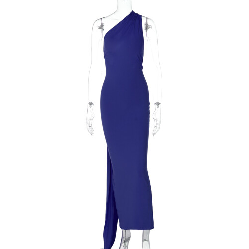 Solid Backless Pleated Fitted Sleeveless Dress,Dark Blue,XS