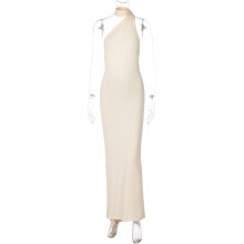Solid Backless Pleated Fitted Sleeveless Dress,Apricot,XL