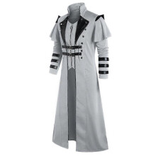(XXXXXL, Gray) Vintage Halloween Medieval Steampunk Assassin Elves Pirate Costume Adult Men Black Long Split Jacket Gothic Armor Leather Coats
