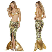 (XL, Gold) Sexy Little Mermaid Costume Women Gold Bra Mermaid Tail Sequined Maxi Skirts Anime Ariel Cosplay Princess Dress Set Halloween