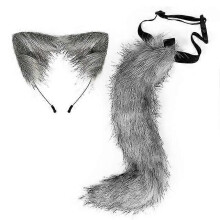 (Dark Grey) 2pcs Fox Cosplay Props Adjustable Fox Tail Cat Ears Headband Halloween Carnival Party Costume Props