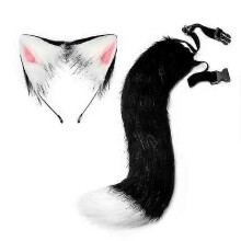 (Black White) 2pcs Fox Cosplay Props Adjustable Fox Tail Cat Ears Headband Halloween Carnival Party Costume Props