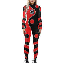 (S, Red Black) Women Halloween Cosplay Costume Jumpsuit Bodysuit Abstract Catsuit Fancy Dress