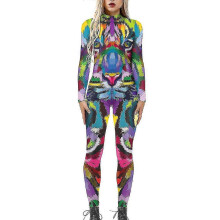(S, Purple Green) Women Halloween Cosplay Costume Jumpsuit Bodysuit Abstract Catsuit Fancy Dress