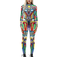 (S, Blue Red) Women Halloween Cosplay Costume Jumpsuit Bodysuit Abstract Catsuit Fancy Dress