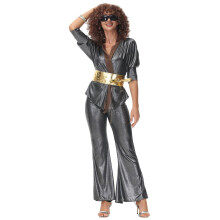 (XL, Gray) Women's Vintage 70s 80s Hippie Costume Set Adult Halloween Music Festival Retro Disco Cosplay Fancy Dress Top Pants Belt Suit