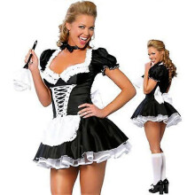 (M) Women's French Maid Costume Sexy Black Satin Halloween Fancy Dress