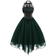 (M, Blue-green) Women's Gothic Steampunk High Low Lace Dress Halloween Costume
